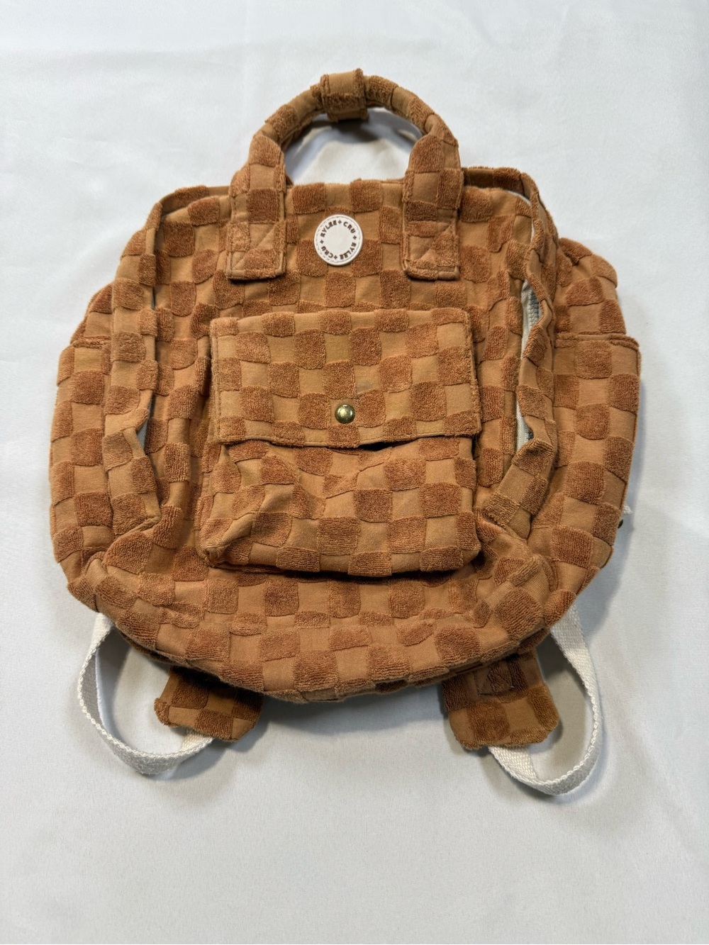 Rylee + Cru Tan Checkered Plush Mini Backpack Tote - Picture 2 of 9